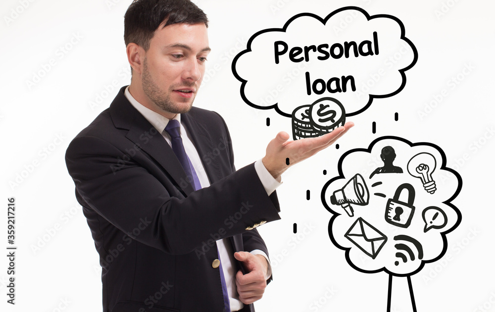 Business, technology, internet and network concept. Young businessman thinks over the steps for successful growth: Personal loan Business, technology, internet and network concept. Young businessman thinks over the steps for successful growth: Personal loan