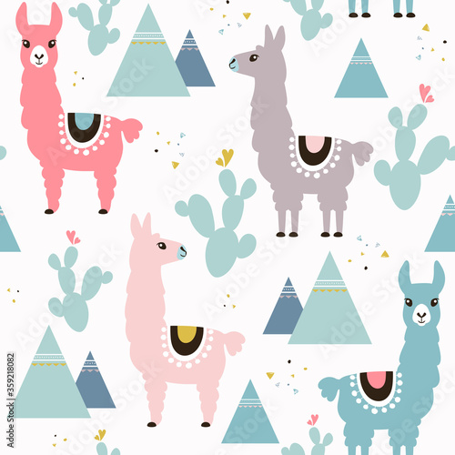 Seamless pattern of llama, cactus and mountains. Great for fabric, textile. Vector background.
