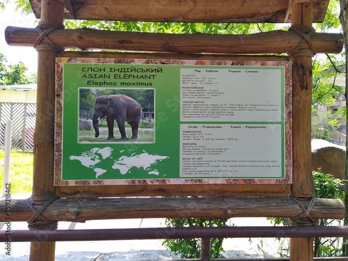 Information of asian elephant on info board in city zoo