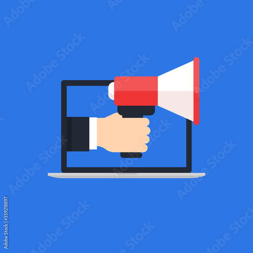 Megaphone laptop vector announce vector illustration, loudspeaker in hand  technology backdrop