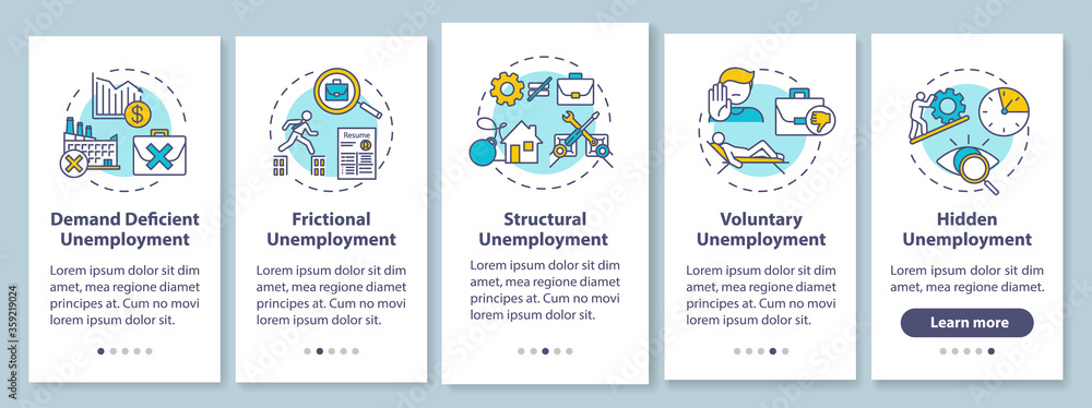 Unemployment types onboarding mobile app page screen with concepts. Job crisis, labor market problem walkthrough five steps graphic instructions. UI vector template with RGB color illustrations