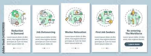 Causes of unemployment onboarding mobile app page screen with concepts. Job shortage, work issues factors walkthrough five steps graphic instructions. UI vector template with RGB color illustrations