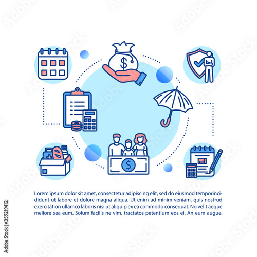 Unemployment insurance concept icon with text. Financial protection from crisis, job loss compensation PPT page vector template. Brochure, magazine, booklet design element with linear illustrations