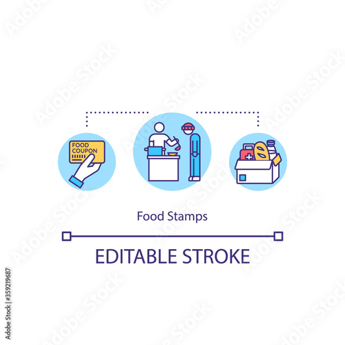 Food stamps concept icon. Dinner for hungry jobless people. Food donation. Provide humanitarian help. Charity idea thin line illustration. Vector isolated outline RGB color drawing. Editable stroke