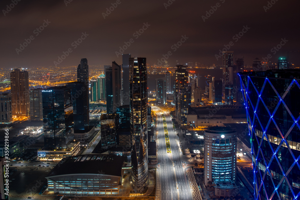 Fototapeta premium Aerial view of West bay downtown Area after sunset