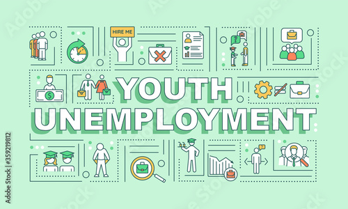 Youth unemployment word concepts banner. Lack of jobs for young people. First job search infographics with linear icons on green background. Isolated typography. Vector outline RGB color illustration