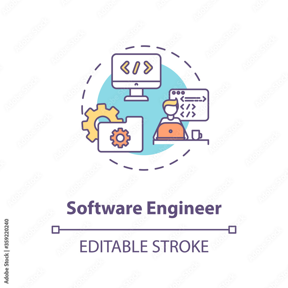 Software engineer concept icon. Source code. System maintenance and development. Computer programmer idea thin line illustration. Vector isolated outline RGB color drawing. Editable stroke