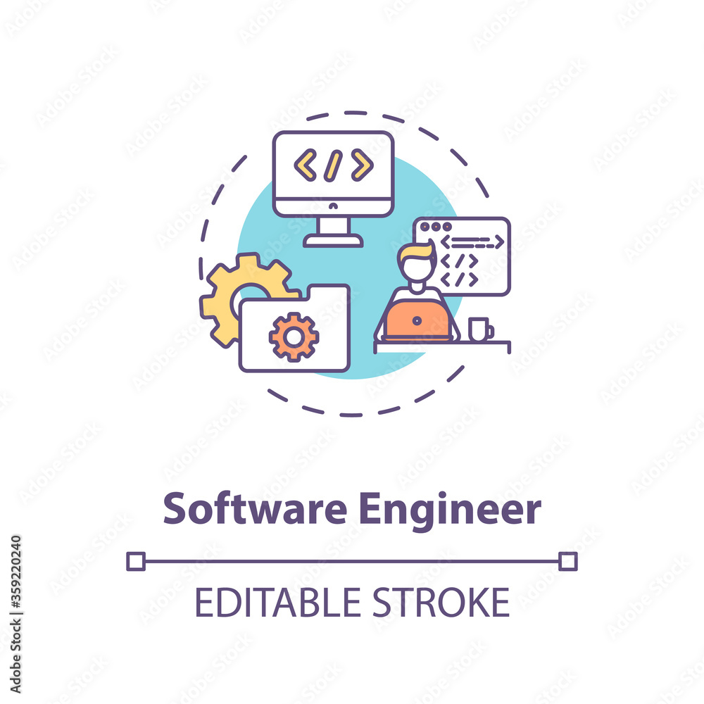 Software engineer concept icon. Source code. System maintenance and development. Computer programmer idea thin line illustration. Vector isolated outline RGB color drawing. Editable stroke Software engineer concept icon. Source code. System maintenance and development. Computer programmer idea thin line illustration. Vector isolated outline RGB color drawing. Editable stroke