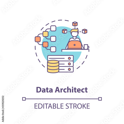 Data architect concept icon. IT expert. Engineer to manage big data. Company information storage system idea thin line illustration. Vector isolated outline RGB color drawing. Editable stroke