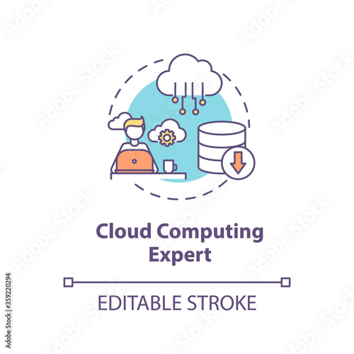 Cloud computing expert concept icon. Database management. IT professional. Information processing specialist idea thin line illustration. Vector isolated outline RGB color drawing. Editable stroke