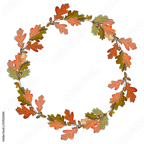 Vector Autumn wreath with colorful oak leaves and acorns. Round frame for your design, posters, banners, greeting cards. Copy space.