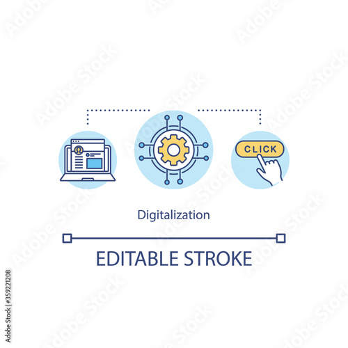 Digitalization concept icon. Automation of modern technology. Information transform into digital form idea thin line illustration. Vector isolated outline RGB color drawing. Editable stroke