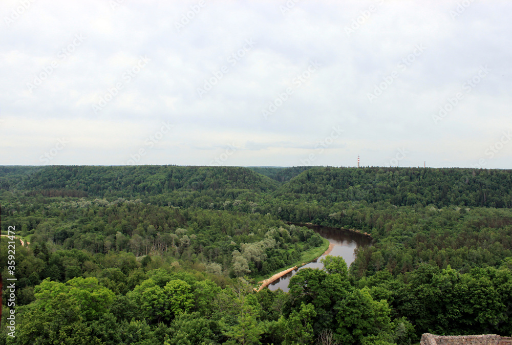 River Gauja and National park Gauja with pine forest in a cloudy day. Aerial view from tower of  Turaida Castle in Sigulda, Latvia.