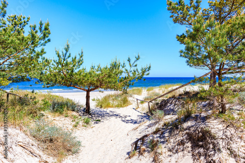 Entrance to beautiful white sand beach with dunes and blue sea near Kolobrzeg, Baltic Sea coast, Poland © pkazmierczak