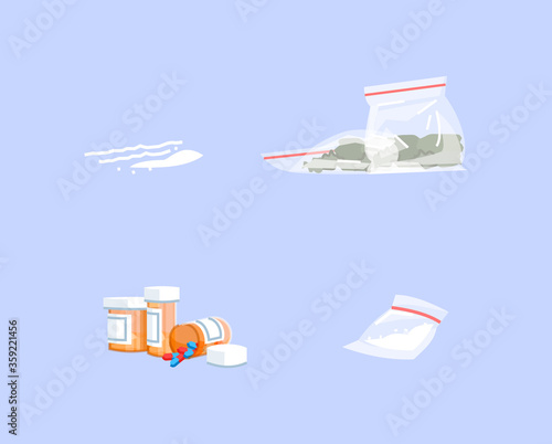 Illegal drugs semi flat RGB color vector illustrations set. Cocaine, marijuana, painkillers and heroin isolated cartoon objects on blue background. Drug abuse, narcotics addiction attributes pack