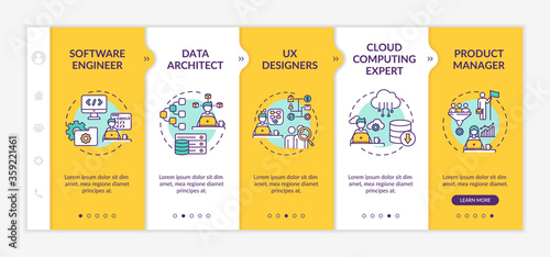 Job in IT department onboarding vector template. Software engineer. Data architect. Product manager. Responsive mobile website with icons. Webpage walkthrough step screens. RGB color concept