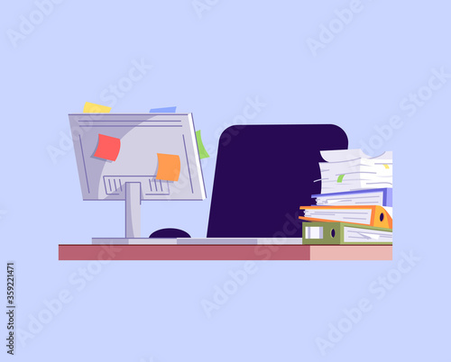 Messy workplace semi flat RGB color vector illustration. Workaholism problem, overworking issue. Unorganized office worker, corporate employee workspace isolated cartoon object on blue background