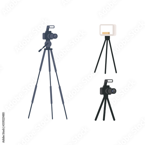 Photographic equipment semi flat RGB color vector illustrations set. Professional photography, blogging attributes. Cameras on tripods and spotlight isolated cartoon objects pack on white background