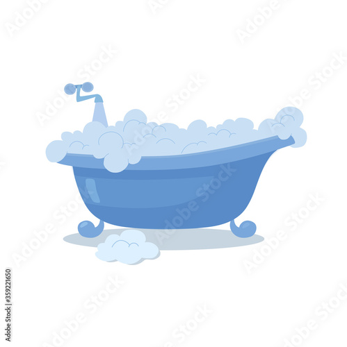 Blue bath with foam, open faucet, flowing water. Vector, flat 