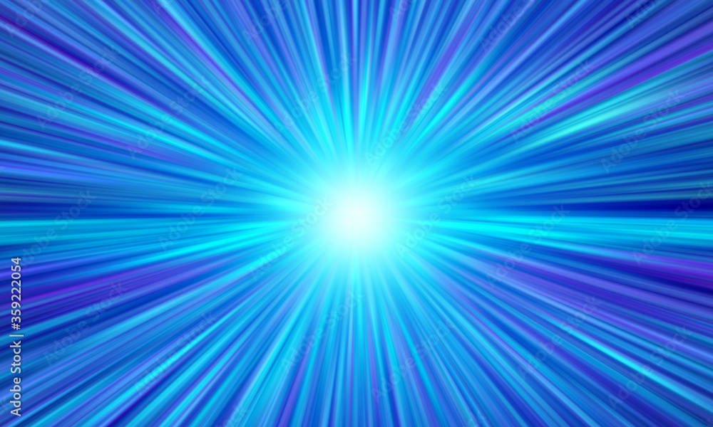 Bright blue background. Blue Sunny background. The rays from the sun diverge in different directions. Blue-lilac background with an accent in the center.