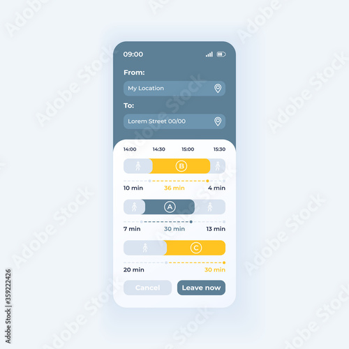 Bus travel app smartphone interface vector template. Mobile app page light theme design layout. City transportation search screen. Flat UI for application. Public transport schedule on phone display