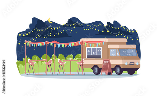 Nighttime food event semi flat vector illustration. Van to sell streetfood. Seasonal market with fastfood. Morning fair in urban park. Summer food court 2D cartoon scenery for commercial use