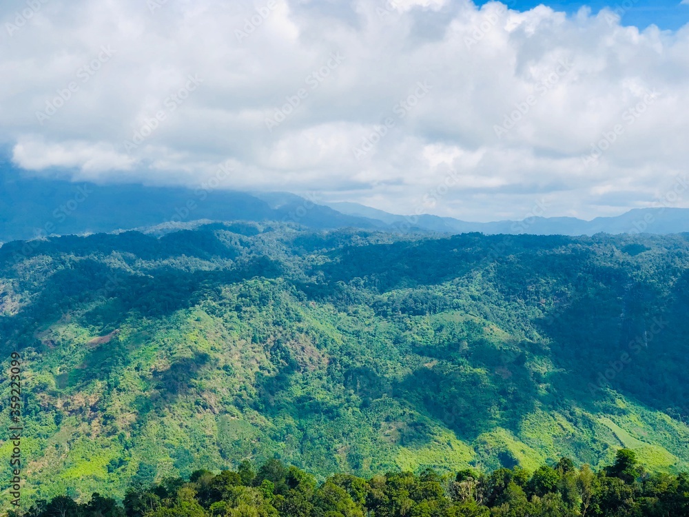 Scenic view of  mountain landscape in the summer with clouds