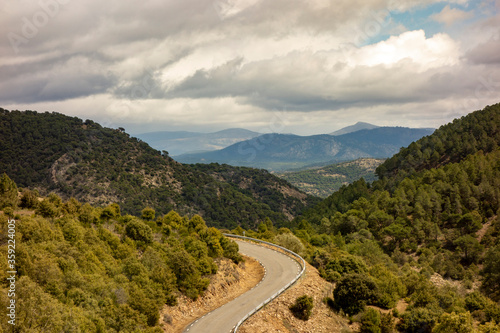 Landscape with far view of mountains on Saint James way, Camino de Levante from Toledo to Avila, Spain 