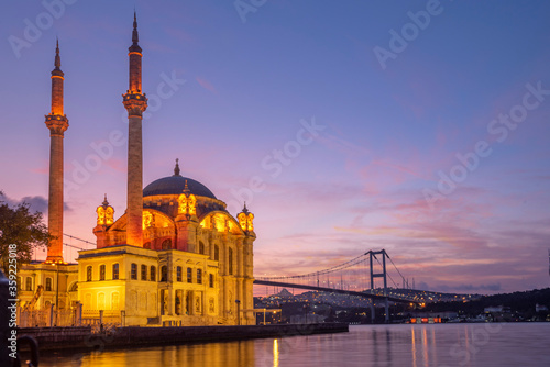 Sunrise view Ortakoy Mosque and Bosphorus Bridge, Best touristic Place of Istanbul.
