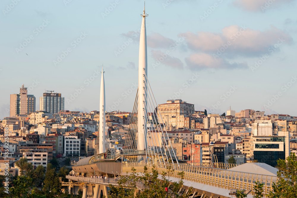 Sunset View of Halic Metro Bridge.  The bridge connects the Beyoğlu and Fatih districts on the European side of Istanbul