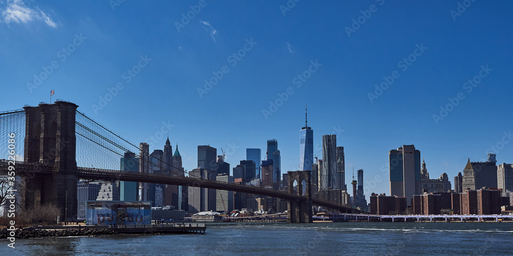 Brooklyn-Bridge- East River- Manhattan- Skyline- New York City- United States- USA.