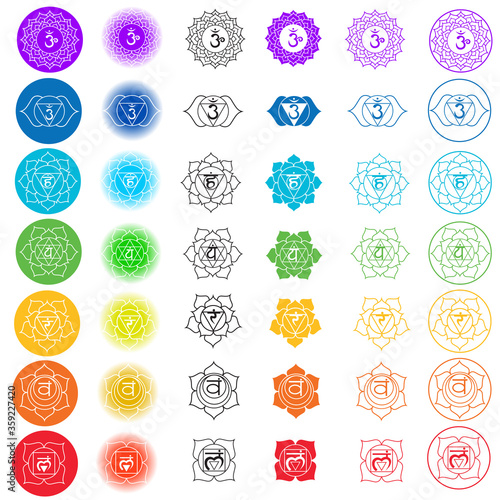 Vector symbol set of chakras. Solid character illustration of Hinduism and Buddhism. Color yoga chakra icons isolated on white. For design, associated with yoga and India.