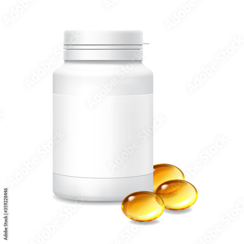 Medicine white bottle and capsules of omega 3 fish oil supplement