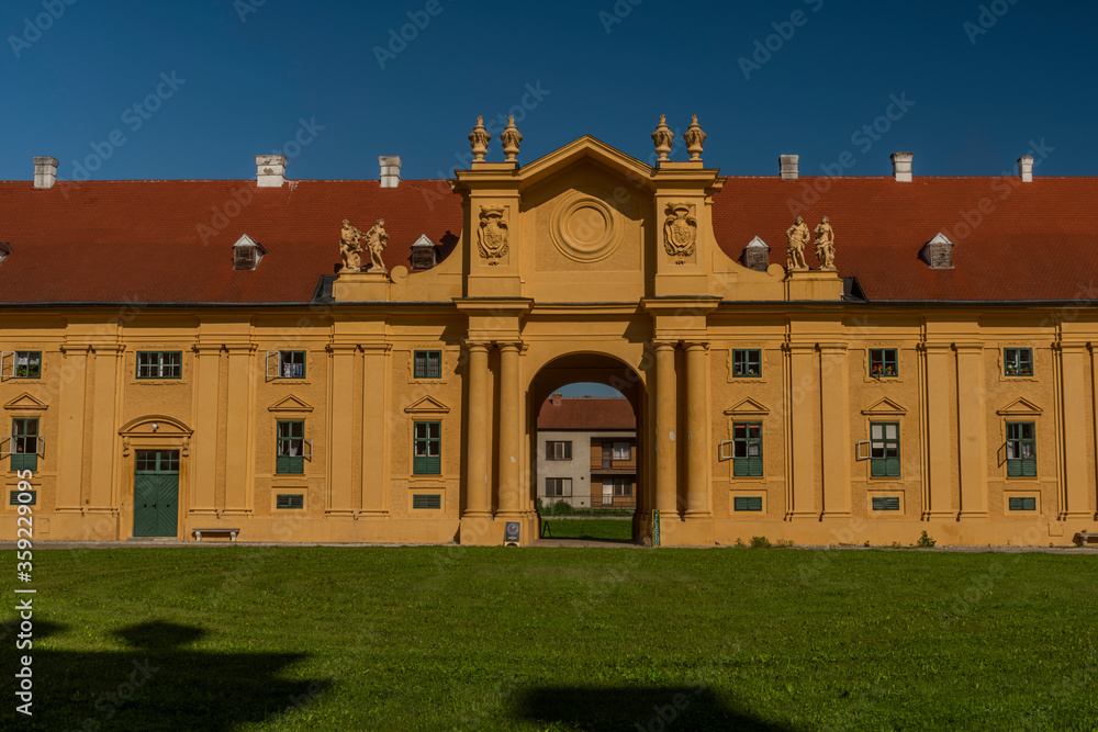 Lednice castle with fresh color spring garden in sunny morning