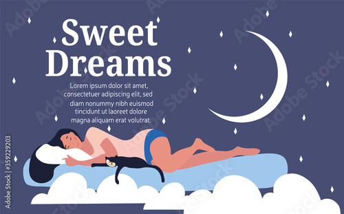 Sweet dreams concept with woman sleeping on a bed on a cloud with her pet cat under the moon and stars, colored vector illustration
