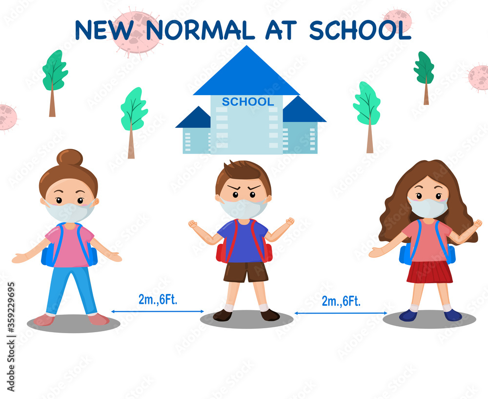 New normal students back to school wearing mask and stay keep social distancing and stay strong fight with coronavirus.vector illustration 