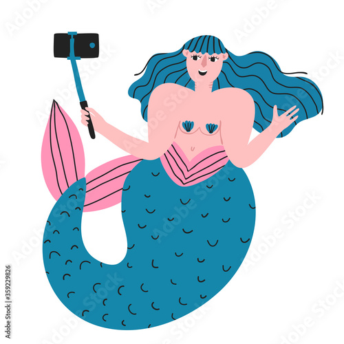 Funny mermaid underwater shooting at camera. Marine creature with phone in selfie stick monopod. Recording video blog. Taking a photo.  Fun flat style drawing. Creative stock vector illustration.
