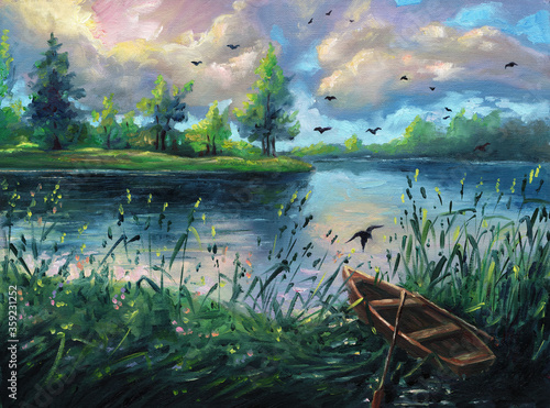 Summer oil painting nature forest landscape background on canvas with evening sunset, lake, green trees, clouds, blue sky, outdoor hand drawn illustration with reflections on river, drawing art.