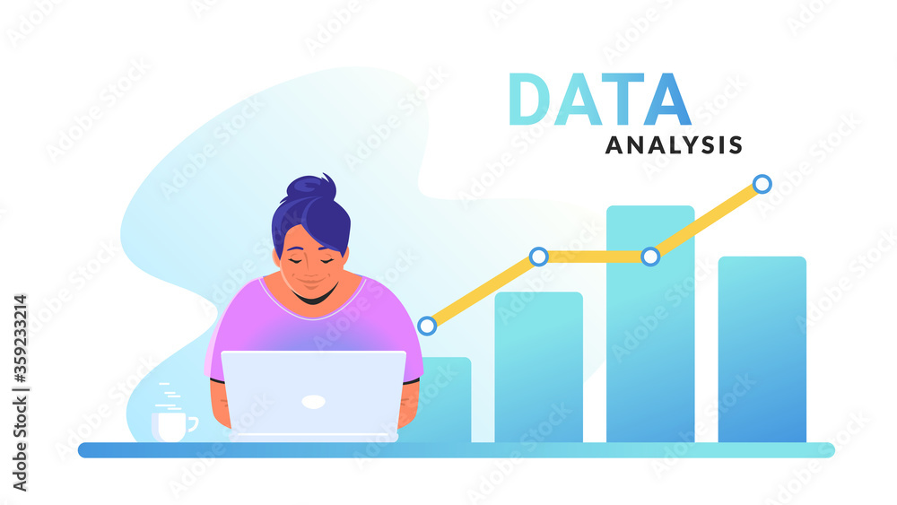 Data analysis for increasing sales and revenue. Flat line vector illustration of cute woman sitting with laptop and working with graph. Global data analytics concept isolated on white background