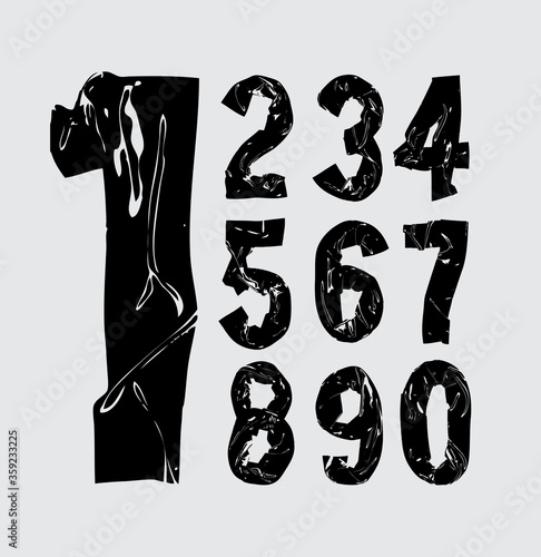 Black bold scotch tape alphabet - numbers. Vector font
