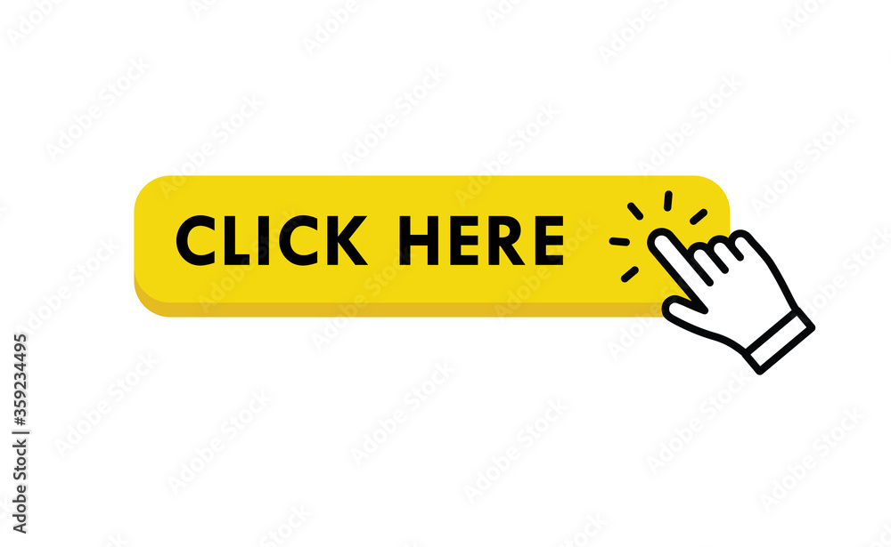 Click here web button. Isolated website buy or register bar icon with hand finger clicking cursor, design template. Click here web button. Isolated website buy or register bar icon with hand finger clicking cursor, design template.