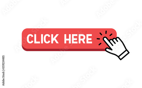 Click here web button. Isolated website buy or register bar icon with hand finger clicking cursor, design template.
