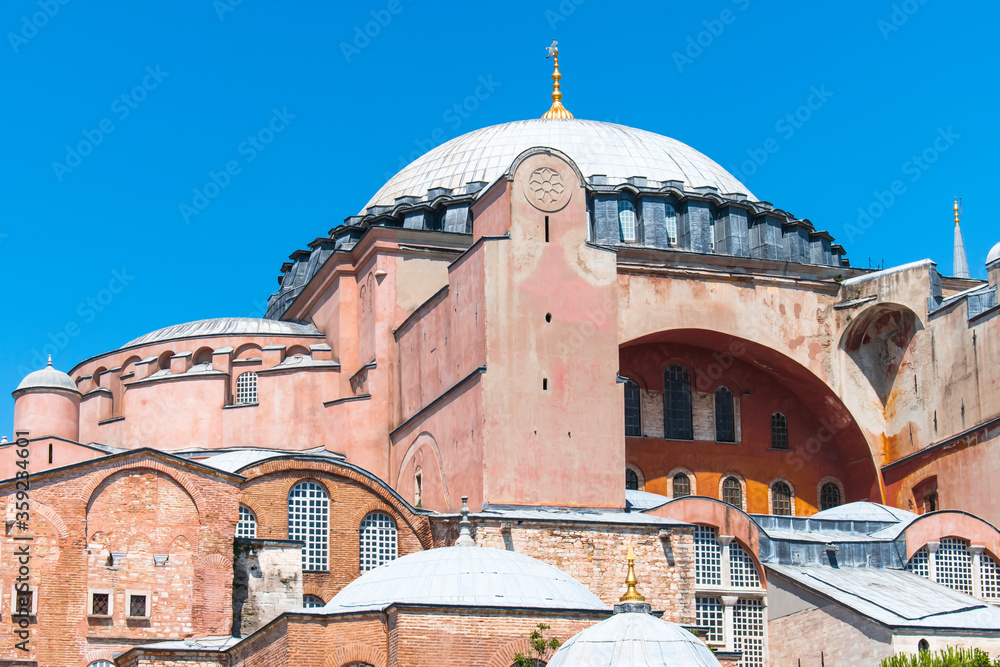 Istanbul, Turkey / July 2019 Mosque of sacred importance in Islam and Christian religion. Hagia Sophia Museum, which was used as a mosque for a long time after the church when it was first built