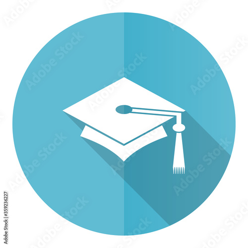 Education vector icon, flat design blue round web button isolated on white background