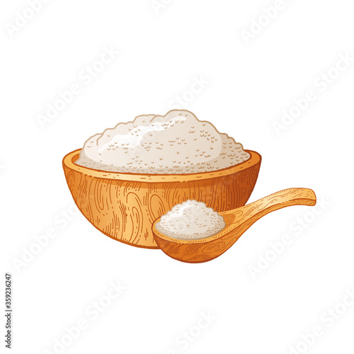 Wooden bowl spoon with food - sketch flour, rice, sea salt, spirulina, spice, potato, oat, sugar, porridge. Doodle hand drawn vector illustration, vintage breakfast drawing, isolated white background