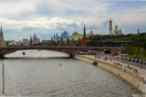 An observation deck in the center of Moscow. View of the Moscow river from the Zaradye park. photo