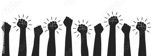 Set hands up proletarian revolution, clenched fist hand. Raised fist - symbol of victory, protest, strength, power and solidarity icon – vector
