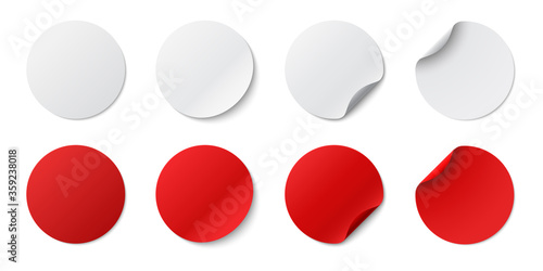 Set circle adhesive symbols. White tags, paper round stickers with peeling corner and shadow, isolated rounded plastic mockup,  realistic red round paper adhesive sticker mockup with curved corner photo
