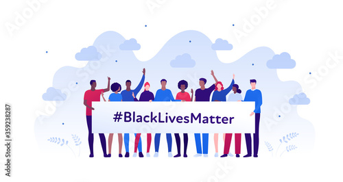Black lives matter protest concept. Vector flat person illustration. Crowd of man and woman hold placard with text. Multi-ethnic character. Design element for banner, inforgraphic, web.