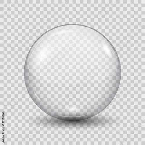 Big translucent gray 3D crystal magic sphere with glares. Glass transparent ball with shadows – vector